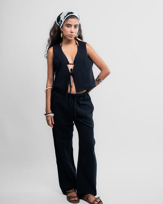 Black Casual Tied Up Linen Vest Linen Vest IN YOUR SHOE M