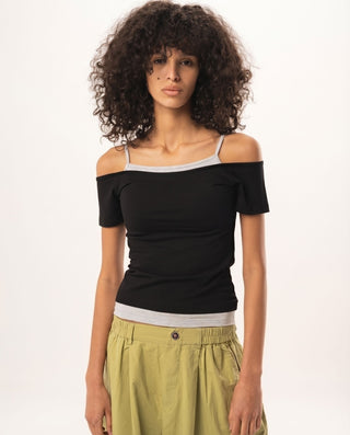Black Off Shoulder Double Layered Top Tops IN YOUR SHOE L