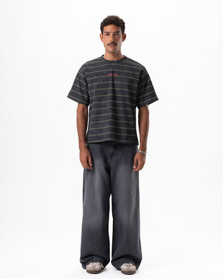 Black Washed Striped Boxy Tee Printed Boxy Tee IN YOUR SHOE XL