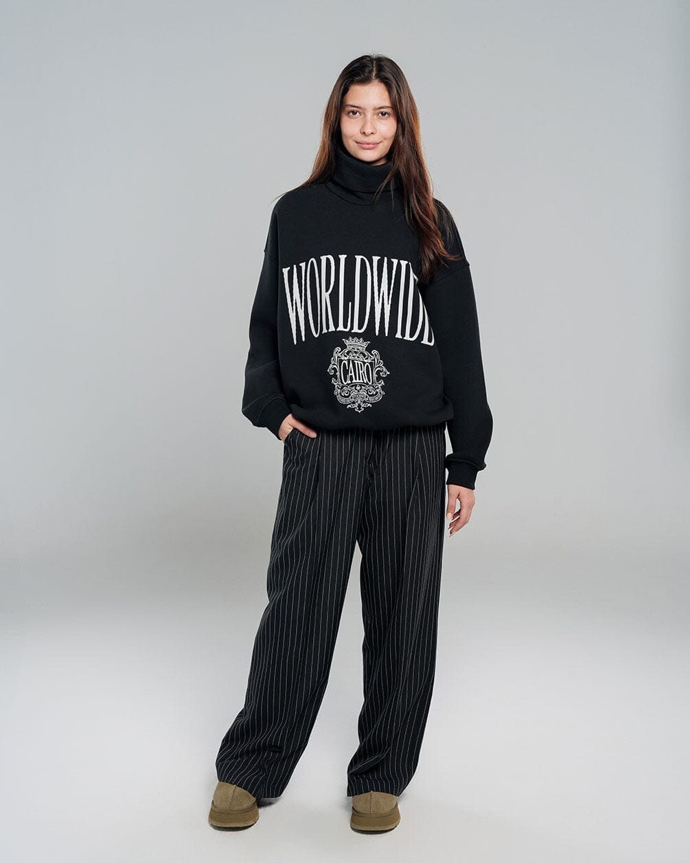Black Worldwide Oversized Mock Neck Crewnecks IN YOUR SHOE