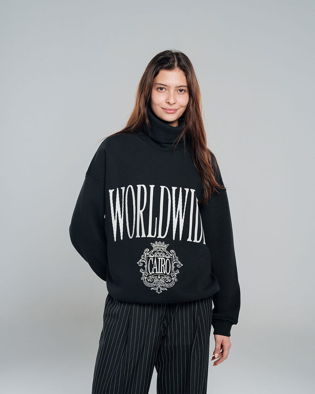 Black Worldwide Oversized Mock Neck Crewnecks IN YOUR SHOE