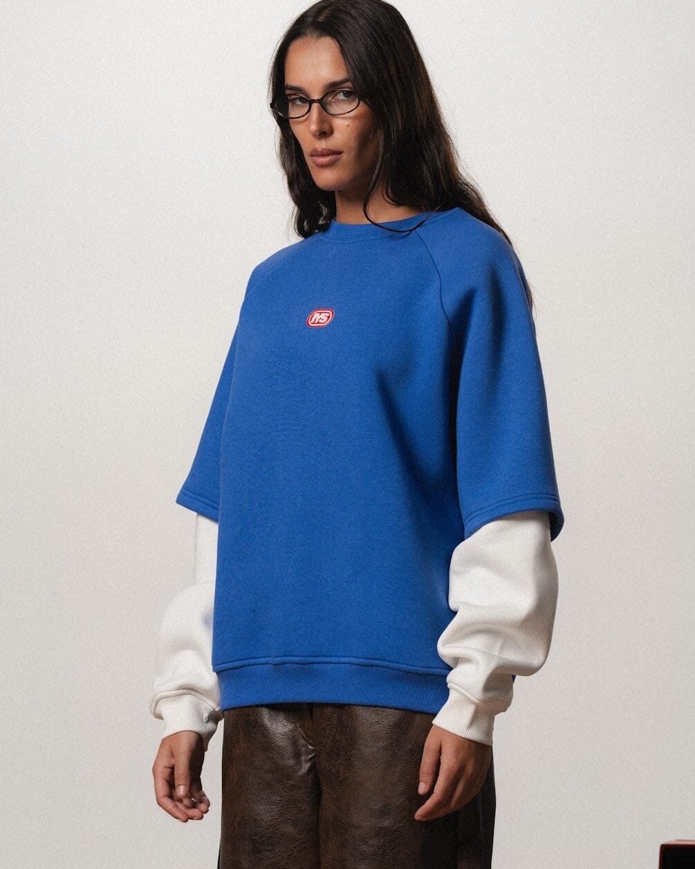 Blue Double Sleeves Oversized Crewneck Crewnecks IN YOUR SHOE