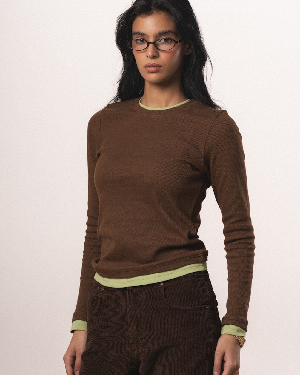 Brown Double Layered Long Sleeve Top Long Sleeve Tops IN YOUR SHOE XL