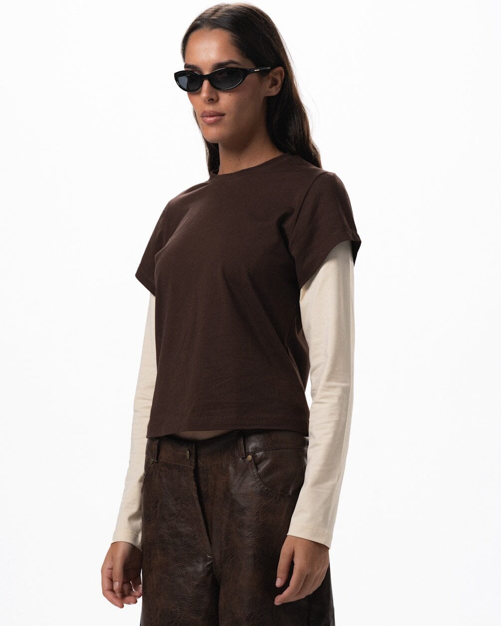 Brown Double Layered Long Sleeve Top Long Sleeve Tops IN YOUR SHOE