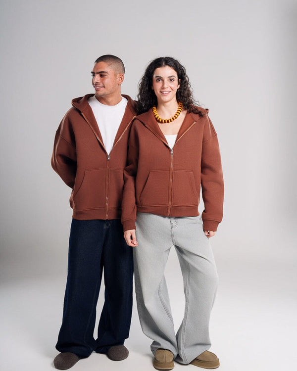 Brown Basic Oversized Zip-Up Hoodie