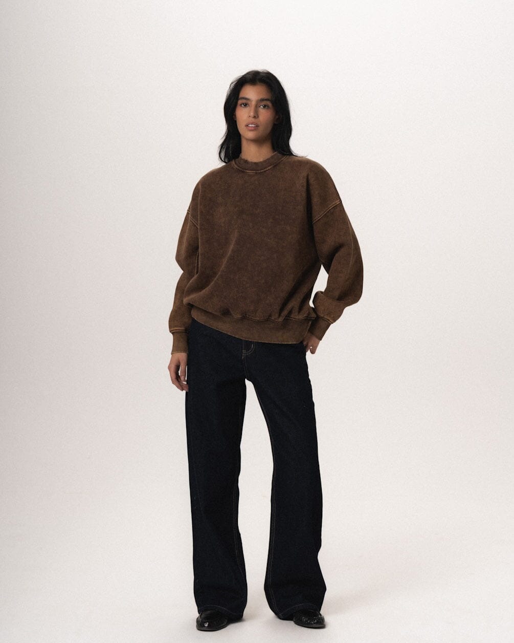 Brown Washed Boxy Crewneck Acid Washed Crewnecks IN YOUR SHOE M