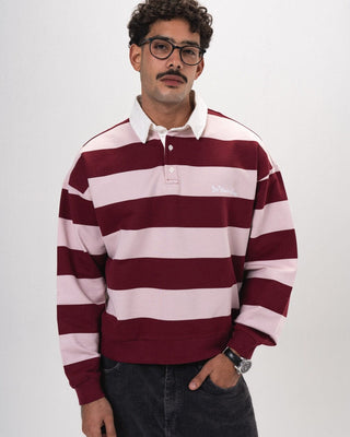 Burgundy & Powder Pink Striped Boxy Rugby Polo Polo T-Shirts IN YOUR SHOE L