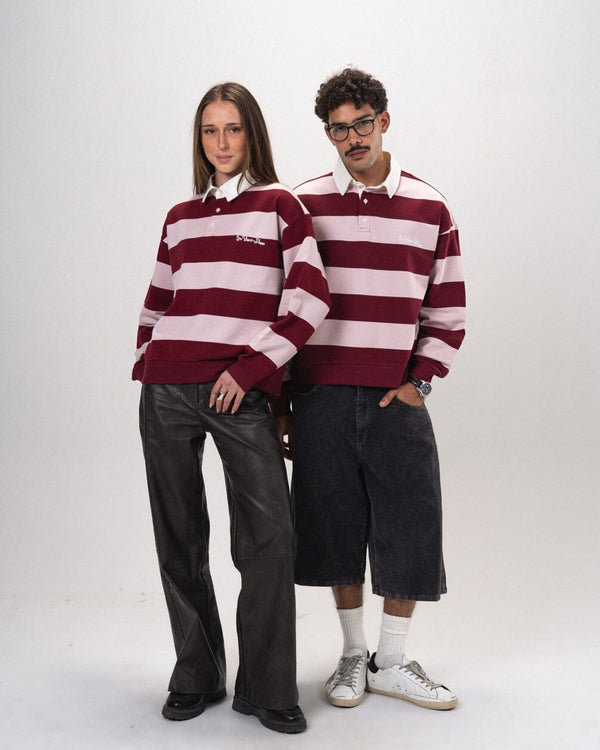 Burgundy & Powder Pink Striped Boxy Rugby Polo