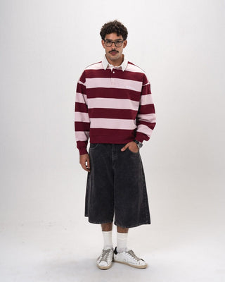 Burgundy & Powder Pink Striped Boxy Rugby Polo Polo T-Shirts IN YOUR SHOE M