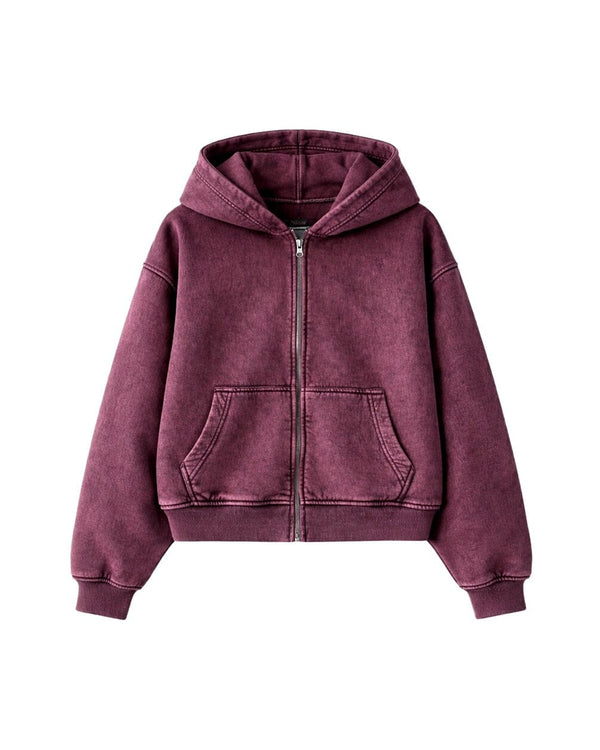 Burgundy Washed Boxy Zip-Up Hoodie