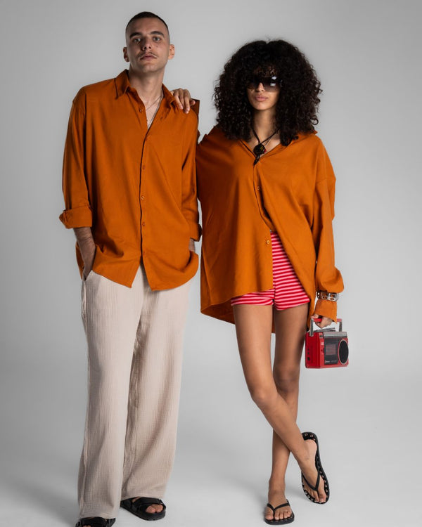 Camel Brown Boyfriend Linen Shirt