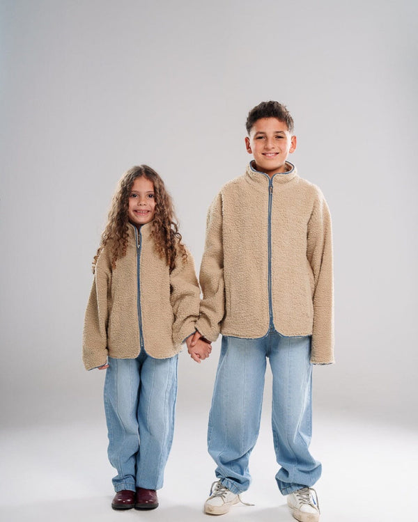 Creamy White With Bias Teal Kids Boxy Teddy Jacket