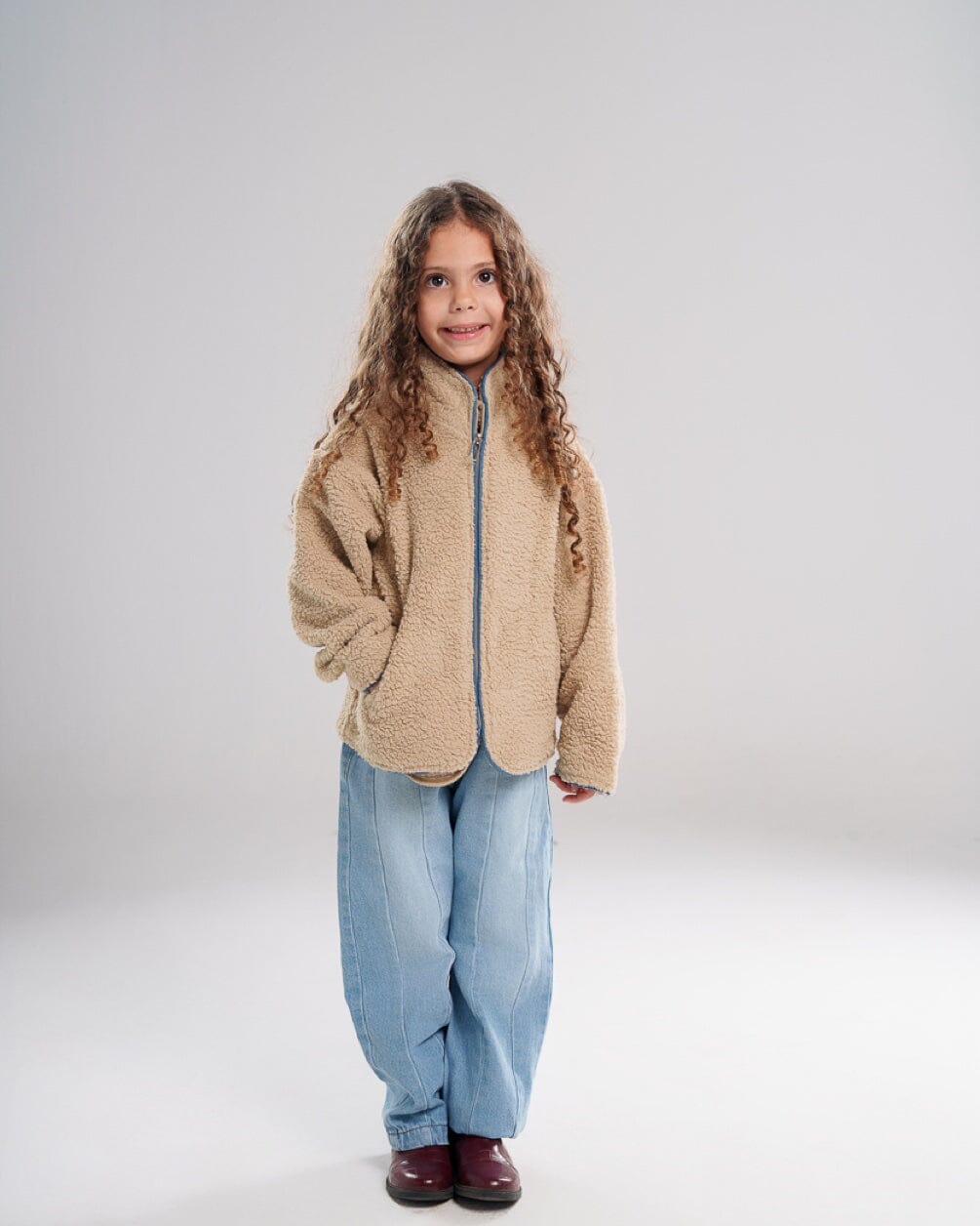 Creamy White With Bias Teal Kids Boxy Teddy Jacket Kids Jacket IN YOUR SHOE 4-5