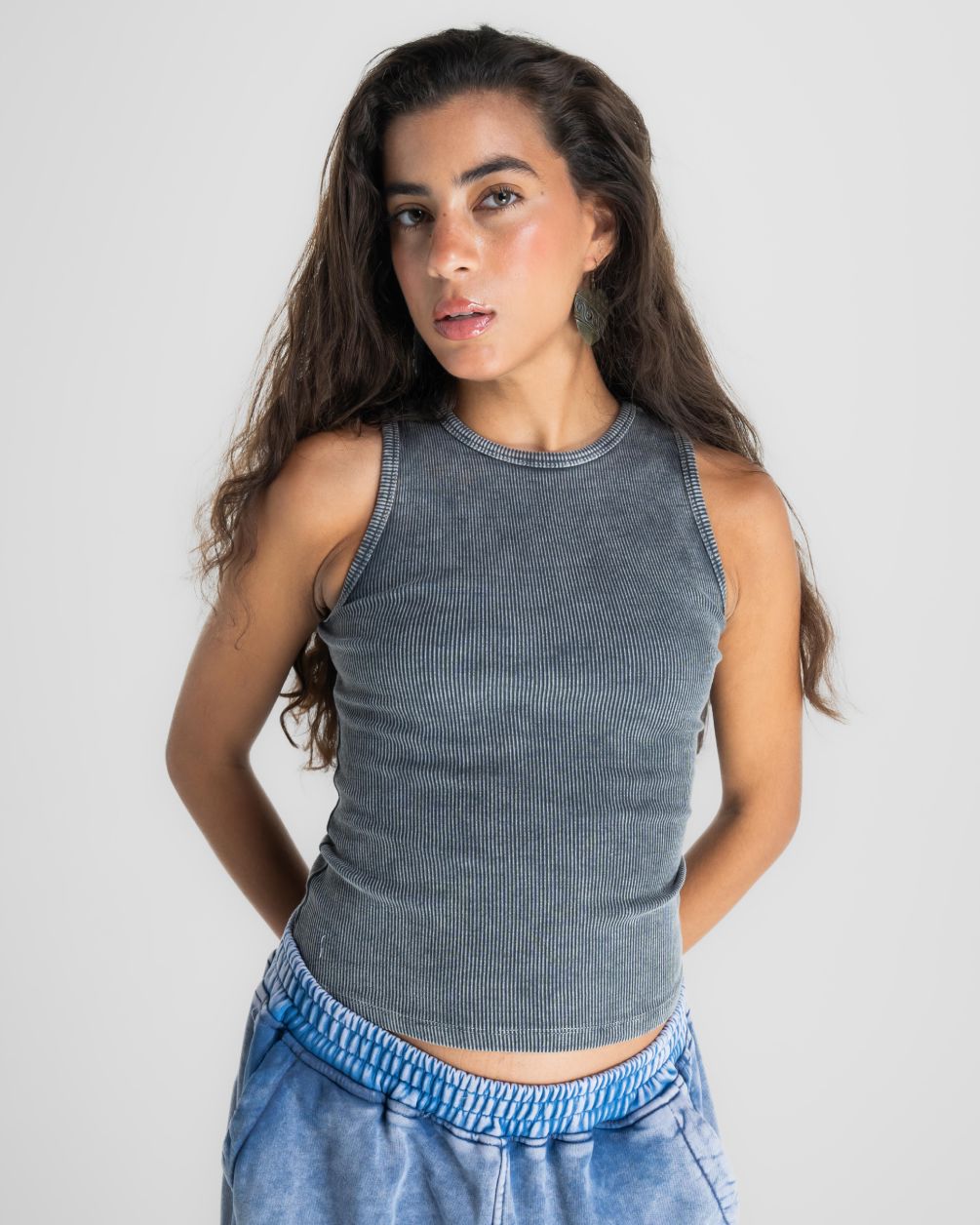 Dark Grey Washed Halter Tank Top Tank Tops IN YOUR SHOE S