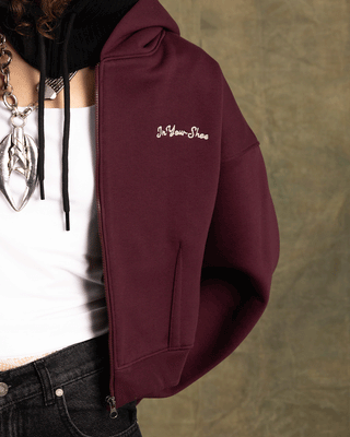 Deep Cherry Cropped Oversized Zip-Up Hoodie Zip Up Hoodies IN YOUR SHOE