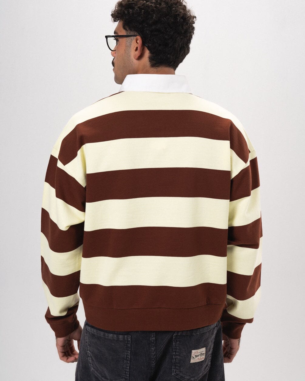Double Cream & Brown Striped Boxy Rugby Polo Polo T-Shirts IN YOUR SHOE L