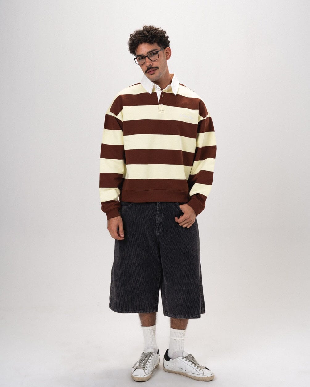 Double Cream & Brown Striped Boxy Rugby Polo Polo T-Shirts IN YOUR SHOE M