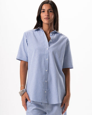 Female Blue Striped Oversized Short Sleeve Shirt Short Sleeve Shirt IN YOUR SHOE S