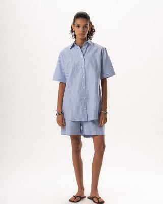Female Blue Striped Oversized Short Sleeve Shirt Short Sleeve Shirt IN YOUR SHOE S