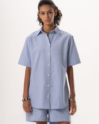 Female Blue Striped Oversized Short Sleeve Shirt Short Sleeve Shirt IN YOUR SHOE M