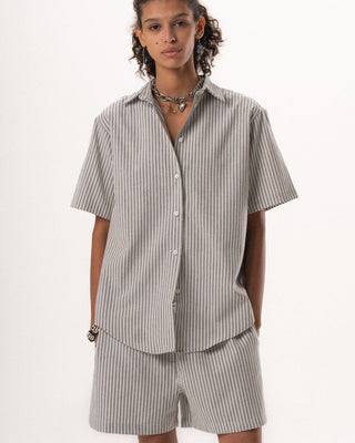 Female Grey Striped Oversized Short Sleeve Shirt Short Sleeve Shirt IN YOUR SHOE M