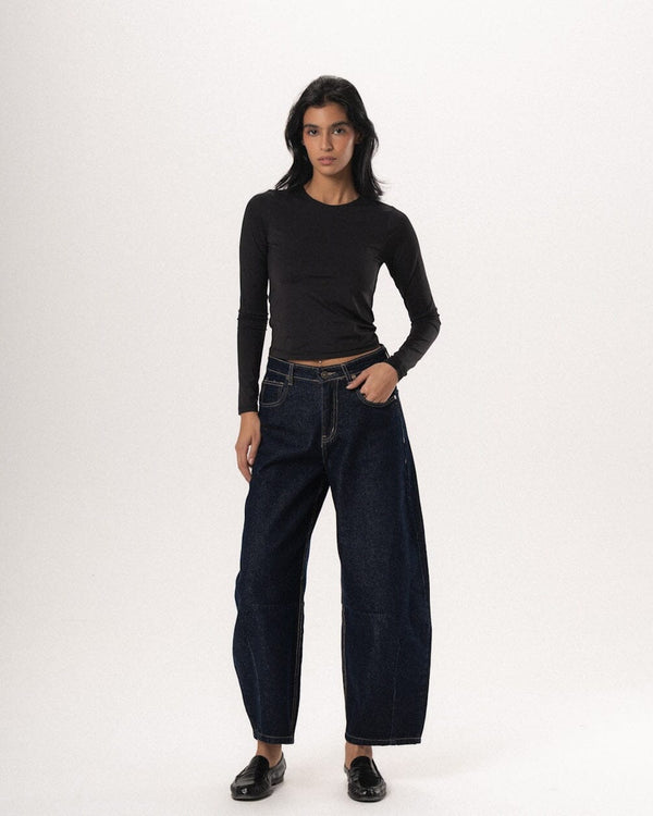 Female Navy Washed Barrel Fit Jeans