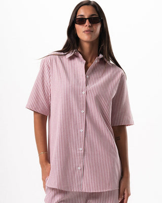 Female Red Striped Oversized Short Sleeve Shirt Short Sleeve Shirt IN YOUR SHOE M