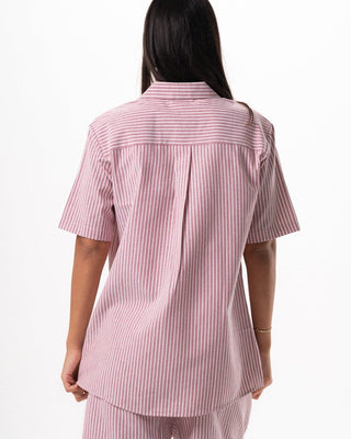Female Red Striped Oversized Short Sleeve Shirt Short Sleeve Shirt IN YOUR SHOE L