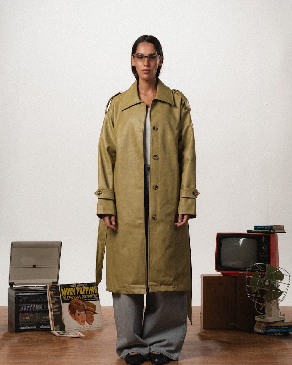 Female Sage Green Oversized Leather Coat Coats IN YOUR SHOE L