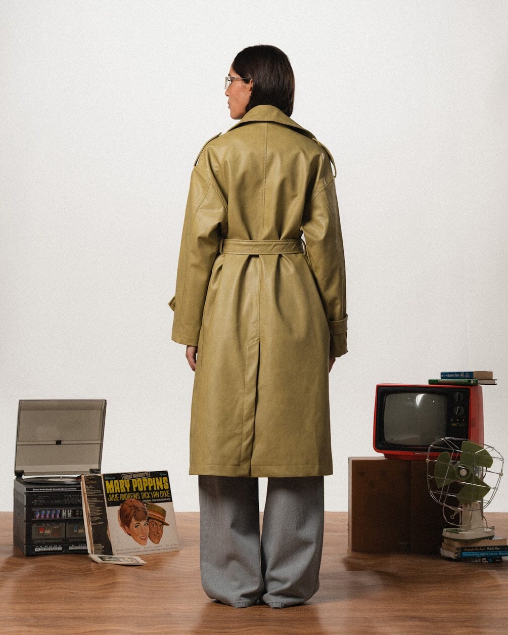 Female Sage Green Oversized Leather Coat Coats IN YOUR SHOE M
