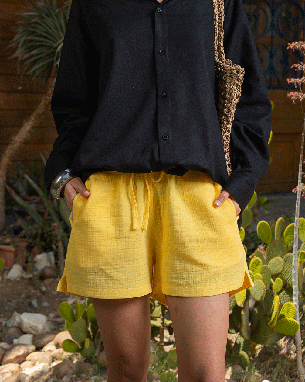 Female Yellow Crinkled Shorts Linen Shorts IN YOUR SHOE