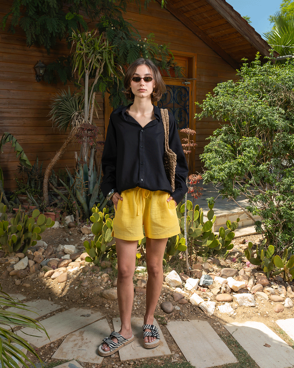 Female Yellow Crinkled Shorts Linen Shorts IN YOUR SHOE S