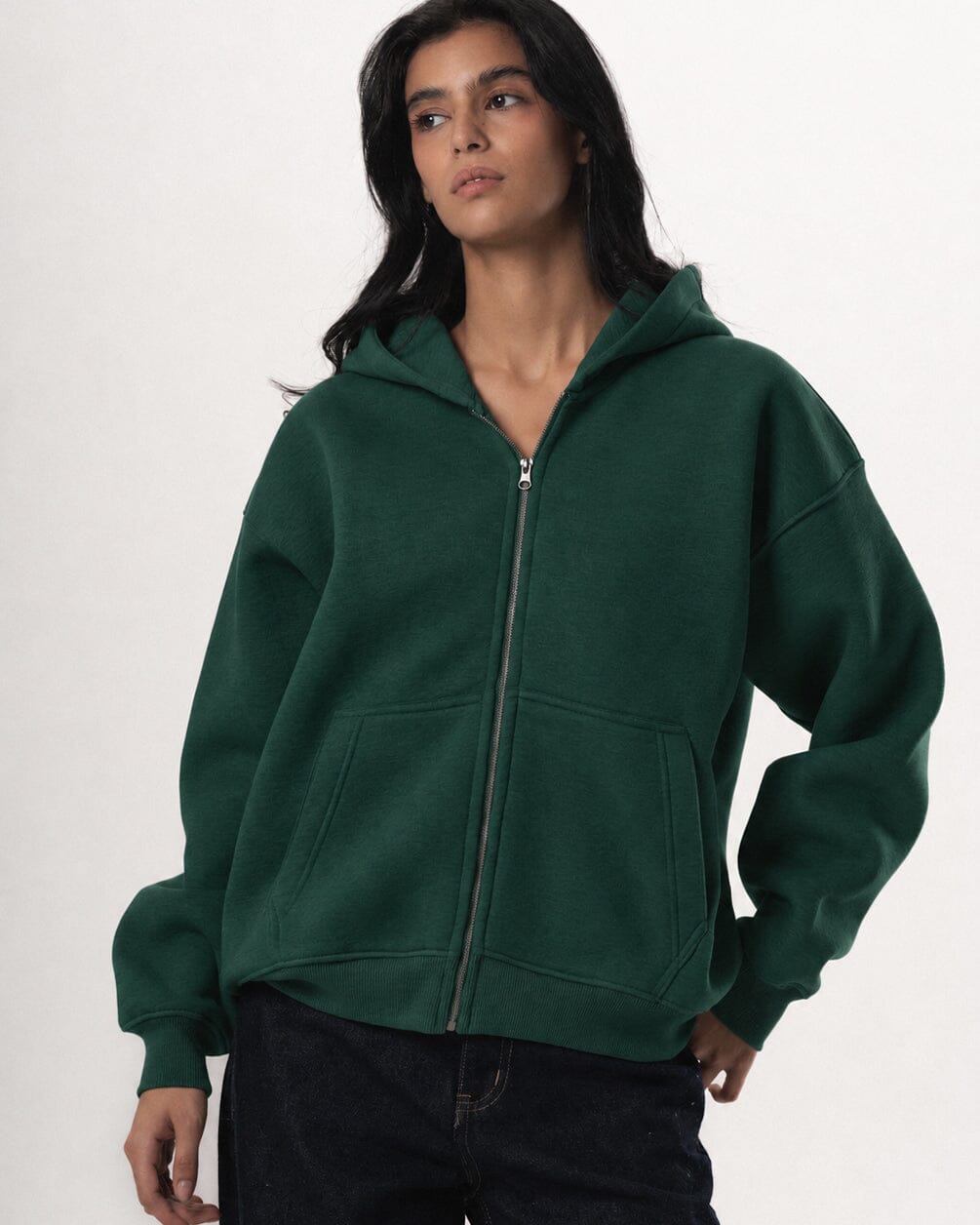 Green Basic Boxy Zip-Up Hoodie Zip Up Hoodies IN YOUR SHOE L