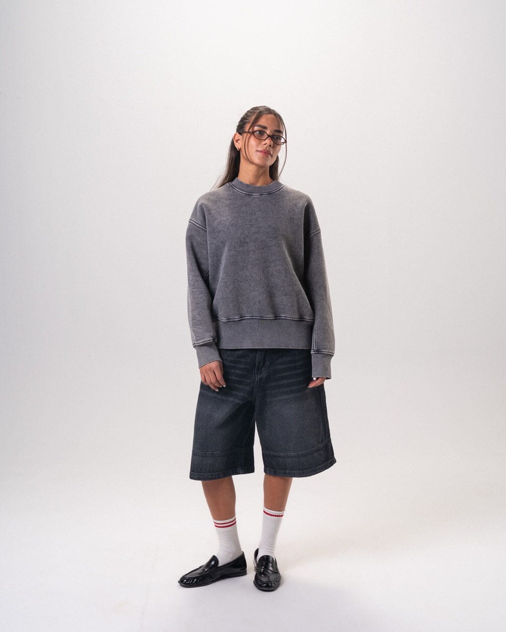 Grey Boxy Washed Crewneck Acid Washed Crewnecks IN YOUR SHOE M