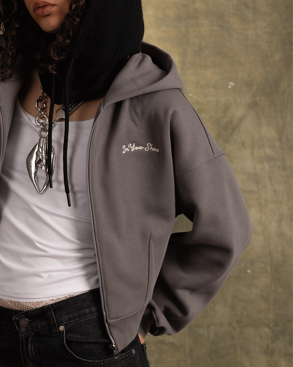 Grey Cropped Oversized Zip-Up Hoodie Zip Up Hoodies IN YOUR SHOE