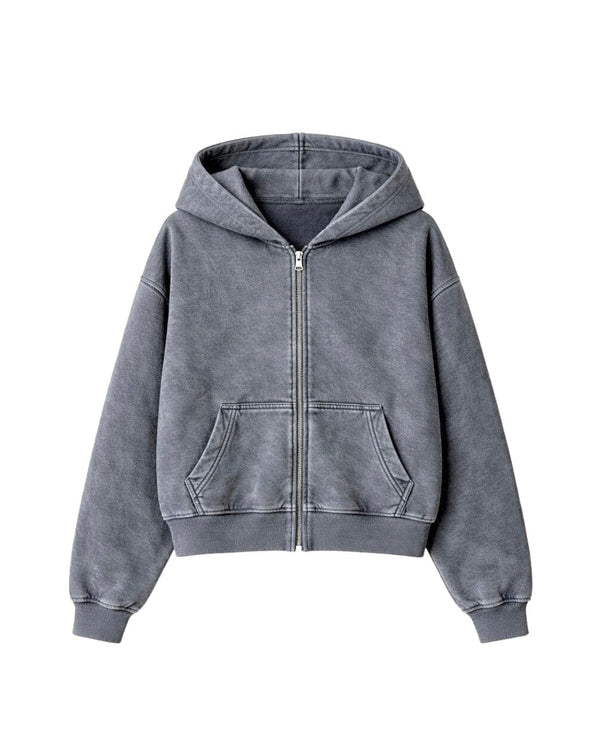 Grey Washed Boxy Zip-Up Hoodie