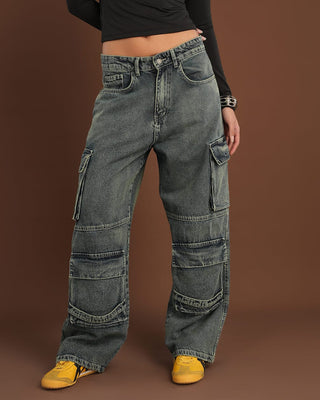 Grey Washed Multi-Pocket Cargo Jeans Jeans IN YOUR SHOE 30