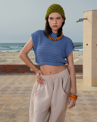 Indigo Crochet Cropped Top Half Sleeve Tops IN YOUR SHOE S