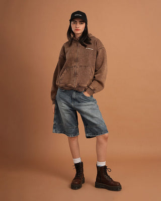 Khaki Washed Boxy Zip-Up Hoodie Zip Up Hoodies IN YOUR SHOE S