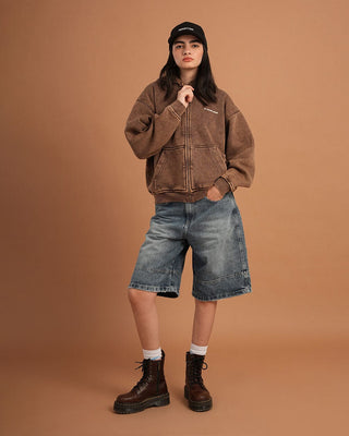 Khaki Washed Boxy Zip-Up Hoodie Zip Up Hoodies IN YOUR SHOE L