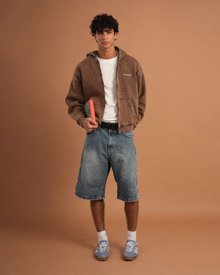 Khaki Washed Boxy Zip-Up Hoodie Zip Up Hoodies IN YOUR SHOE