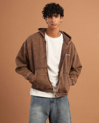 Khaki Washed Boxy Zip-Up Hoodie Zip Up Hoodies IN YOUR SHOE M