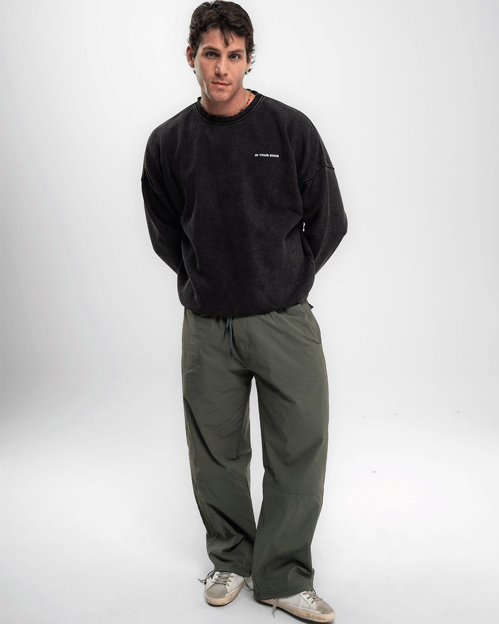 Male Olive Loose Parachute Pants Pants IN YOUR SHOE S