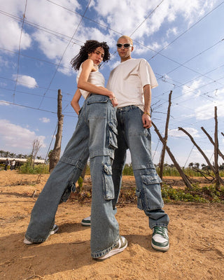 Male Wide-leg Light Blue Washed Cargo Jeans Jeans IN YOUR SHOE 36