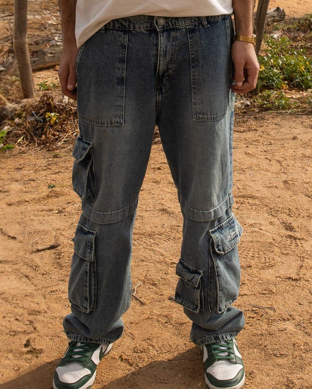 Male Wide-leg Light Blue Washed Cargo Jeans Jeans IN YOUR SHOE 32