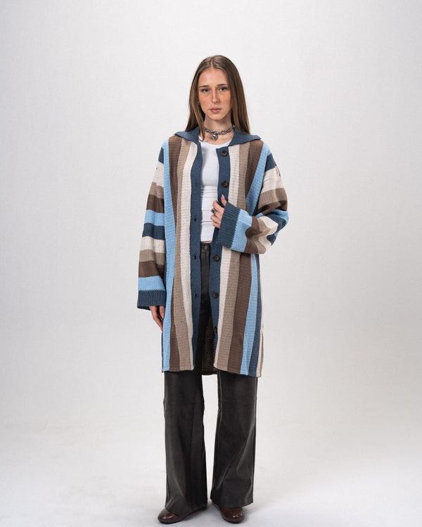 Multicolor Striped Collar Knitted Cardigan