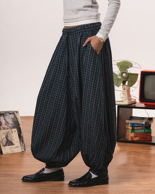 Navy Plaid Balloon Pants Pants IN YOUR SHOE L-XL