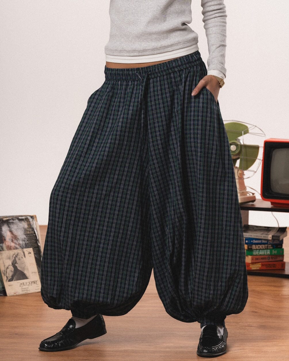 Navy Plaid Balloon Pants Pants IN YOUR SHOE