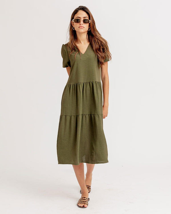 Olive Green Ruffled Midi Dress