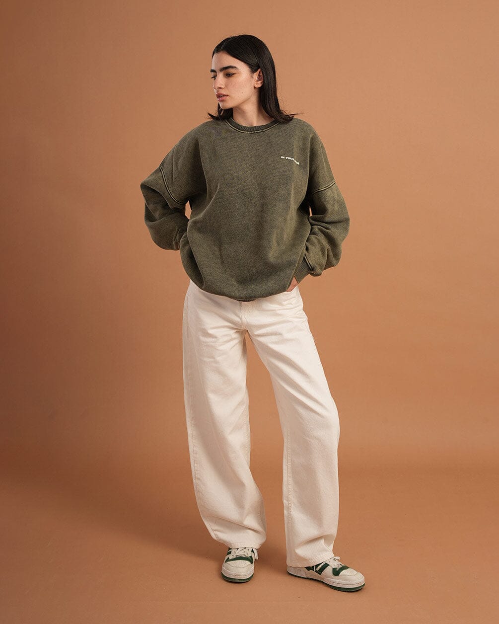 Olive Washed Boxy Crewneck IN YOUR SHOE